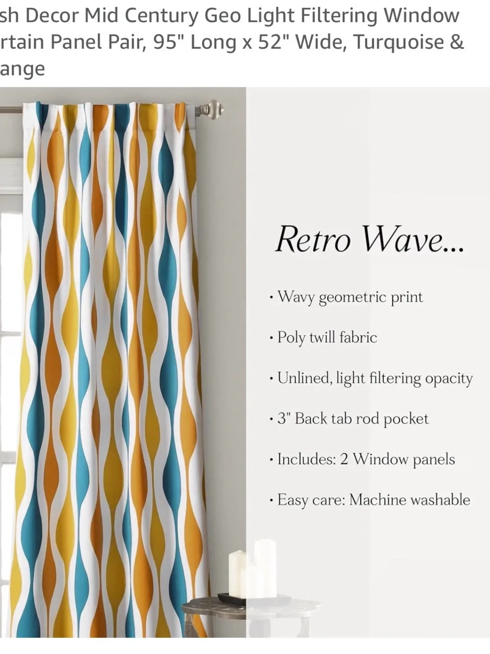 Mid-Century Geo Light-Filtering Curtain Panel Pair - Turquoise & Orange 95x52